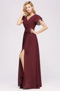 Elegante vestido de noche de gasa con escote en V, manga corta y lazo para dama de honor hasta el suelo.