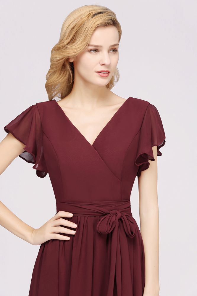 Elegante vestido de noche de gasa con escote en V, manga corta y lazo para dama de honor hasta el suelo.