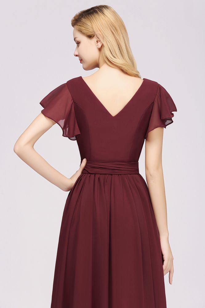 Elegante vestido de noche de gasa con escote en V, manga corta y lazo para dama de honor hasta el suelo.