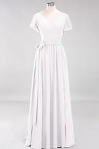 Elegante vestido de noche de gasa con escote en V, manga corta y lazo para dama de honor hasta el suelo.