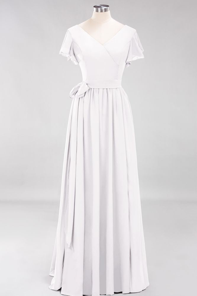 Elegante vestido de noche de gasa con escote en V, manga corta y lazo para dama de honor hasta el suelo.