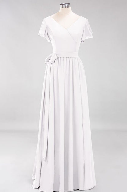 Elegant A-line V-Neck Short Sleeve Bridesmaid Dresses with Bow Sash Floor-Length Chiffon Evening Dress