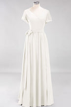 Elegante vestido de noche de gasa con escote en V, manga corta y lazo para dama de honor hasta el suelo.