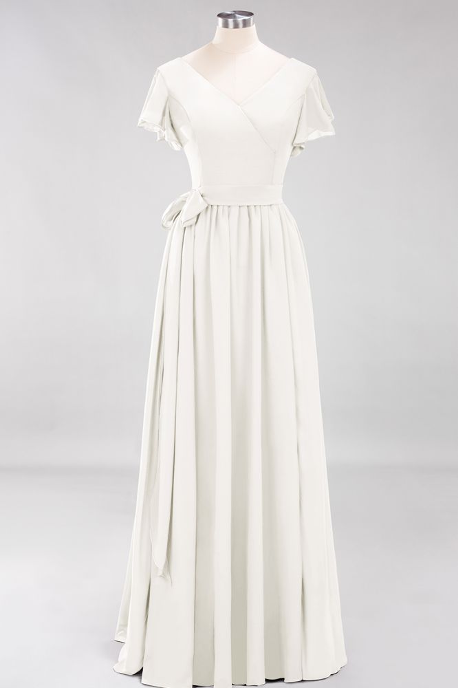 Elegant A-line V-Neck Short Sleeve Bridesmaid Dresses with Bow Sash Floor-Length Chiffon Evening Dress