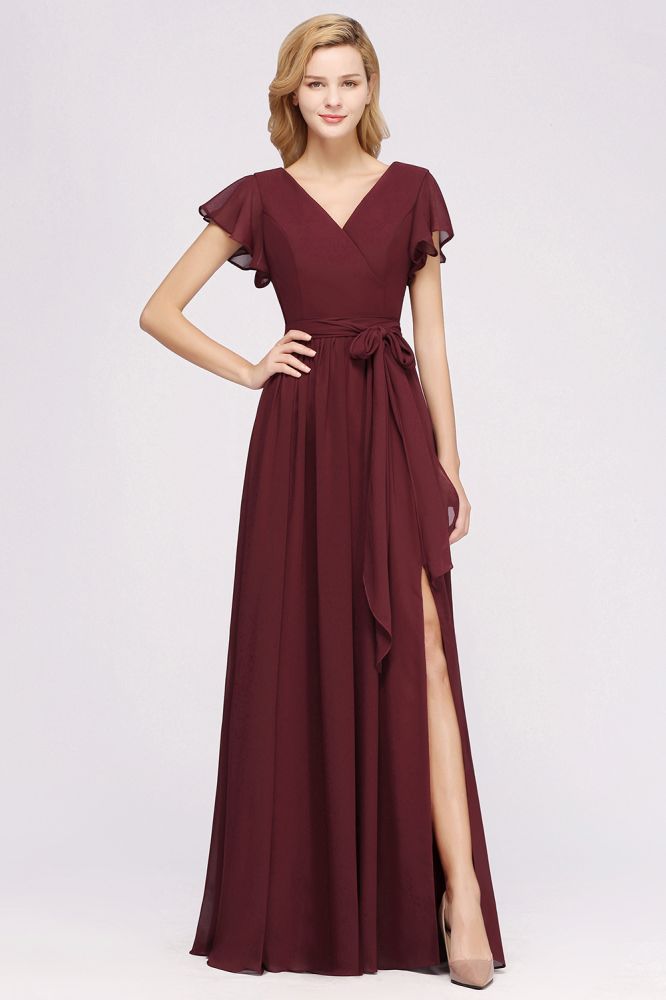 Elegante vestido de noche de gasa con escote en V, manga corta y lazo para dama de honor hasta el suelo.