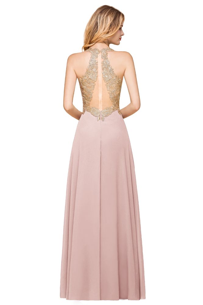 Women's Gold Appliques Evening Formal Dress Chiffon Lace Prom Long Ball Gown