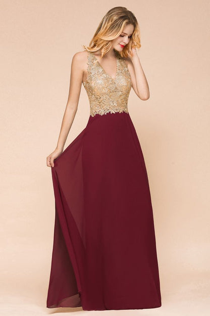 Women's Gold Appliques Evening Formal Dress Chiffon Lace Prom Long Ball Gown