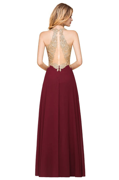 Women's Gold Appliques Evening Formal Dress Chiffon Lace Prom Long Ball Gown