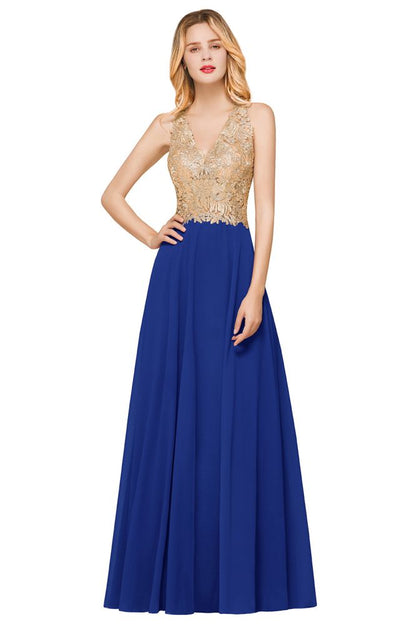 Women's Gold Appliques Evening Formal Dress Chiffon Lace Prom Long Ball Gown