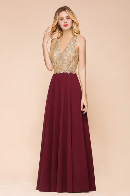 Women's Gold Appliques Evening Formal Dress Chiffon Lace Prom Long Ball Gown
