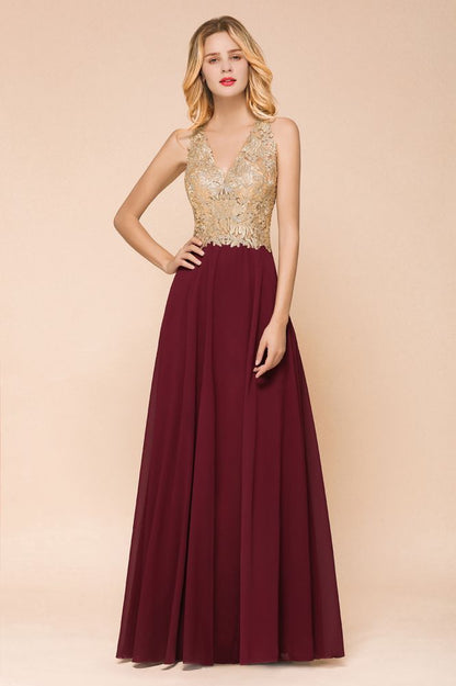 Women's Gold Appliques Evening Formal Dress Chiffon Lace Prom Long Ball Gown