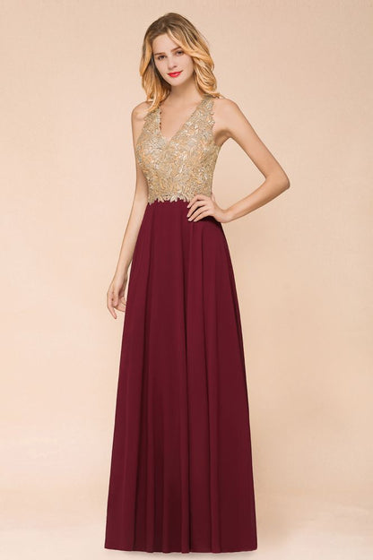 Women's Gold Appliques Evening Formal Dress Chiffon Lace Prom Long Ball Gown