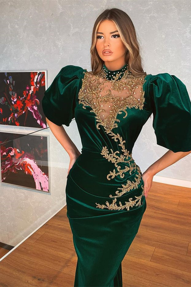 Vestido de fiesta moderno de sirena con mangas abullonadas en verde oscuro y apliques
