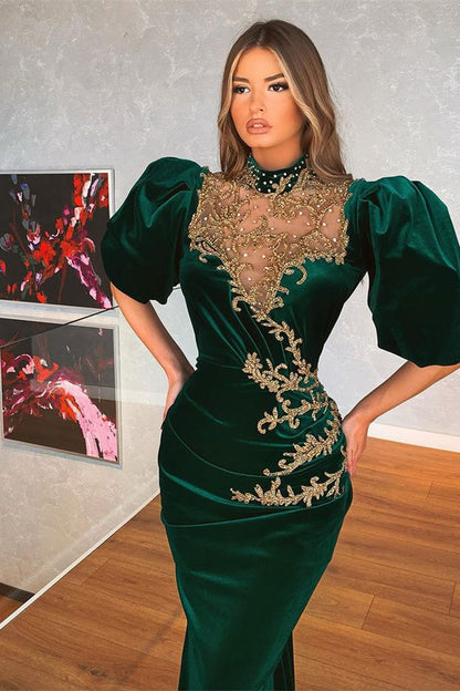 Vestido de fiesta moderno de sirena con mangas abullonadas en verde oscuro y apliques
