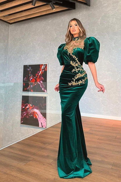 Vestido de fiesta moderno de sirena con mangas abullonadas en verde oscuro y apliques