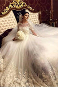 Vestido de novia moderno y elegante, impresionante vestido de novia árabe con apliques largos y mangas largas.