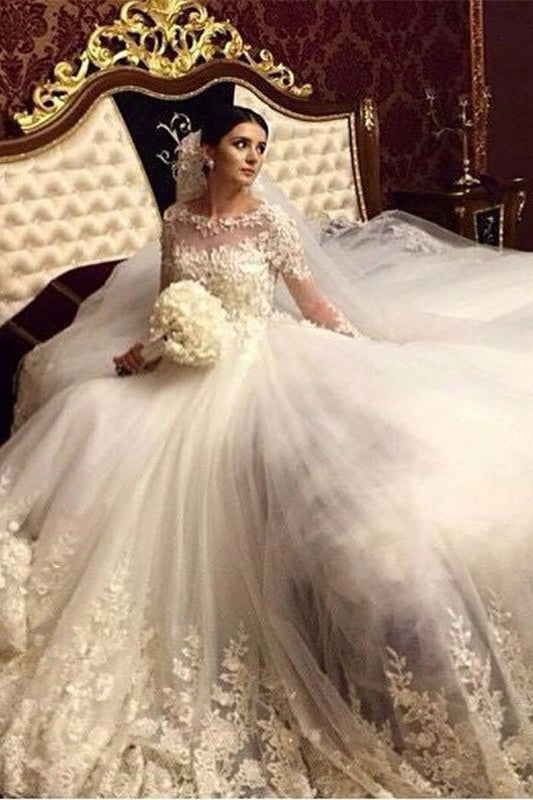 Vestido de novia moderno y elegante, impresionante vestido de novia árabe con apliques largos y mangas largas.
