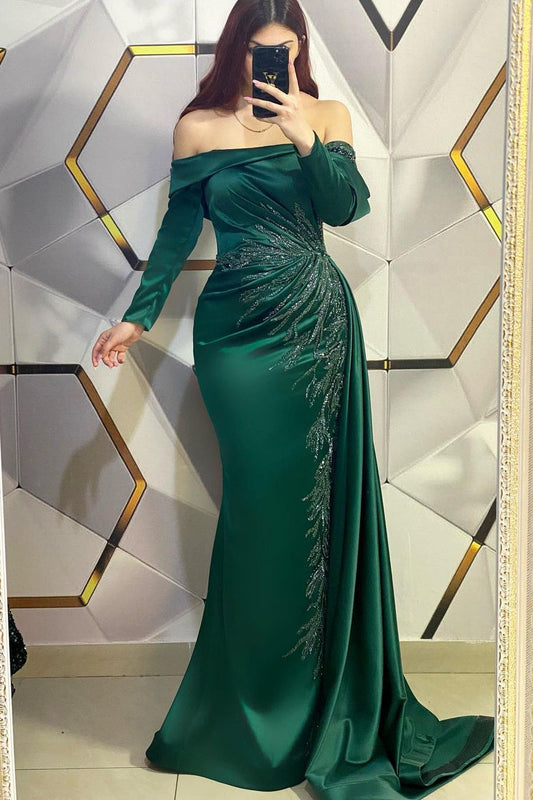 Vestido de fiesta moderno de sirena verde oscuro largo con hombros descubiertos y encaje y mangas largas