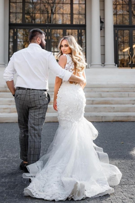 Vestidos de novia modernos de sirena larga sin mangas con apliques y encaje