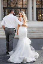 Vestidos de novia modernos de sirena larga sin mangas con apliques y encaje