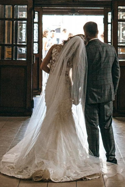 Vestidos de novia modernos de sirena larga sin mangas con apliques y encaje