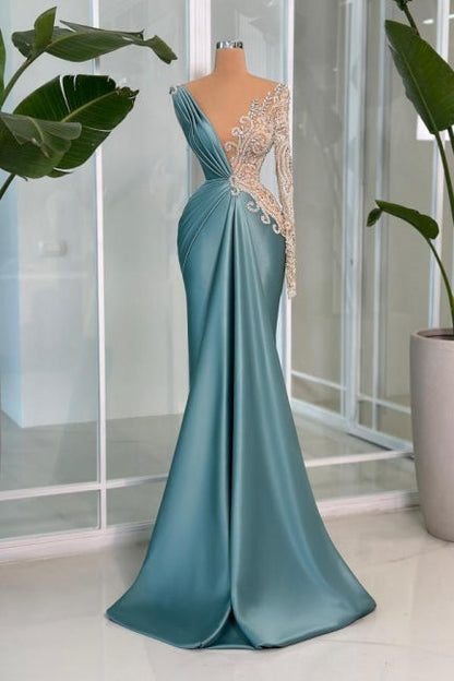 Modernes langes Meerjungfrau-Abendkleid mit V-Ausschnitt, Spitze, Strasssteinen und Satin