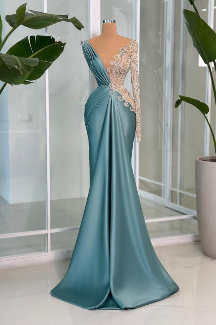 Modernes langes Meerjungfrau-Abendkleid mit V-Ausschnitt, Spitze, Strasssteinen und Satin