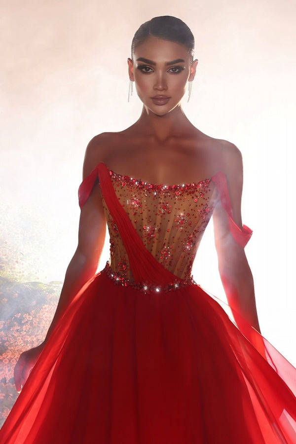 Modernes langes rotes A-Linien-Ballkleid aus Chiffon mit schulterfreier Perlenbesatz