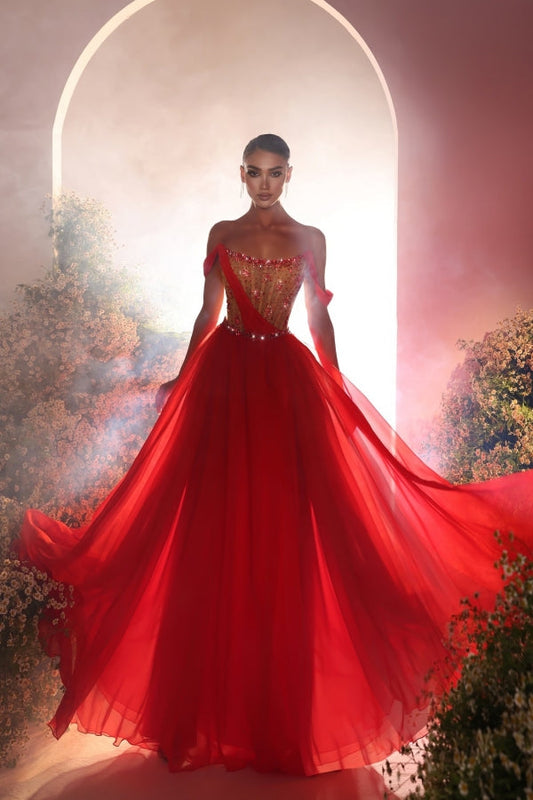 Modernes langes rotes A-Linien-Ballkleid aus Chiffon mit schulterfreier Perlenbesatz