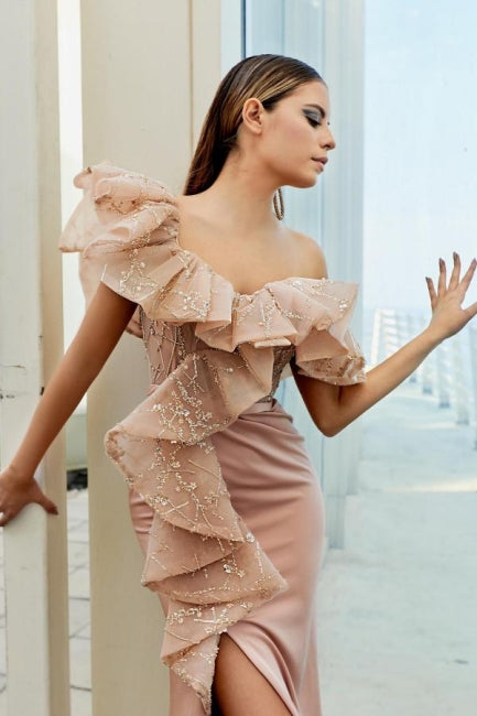 Modernes Off-the-Shoulder Abendkleid Lang Rosa Spitze Ballkleider Mit Schlitz
