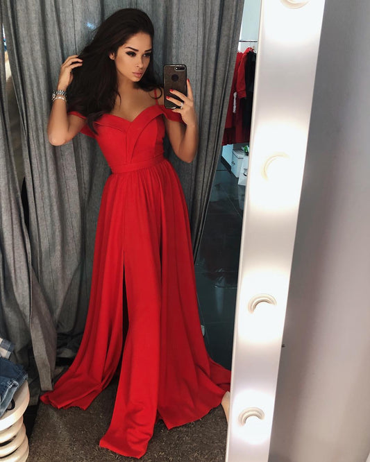 Modernes rotes A-Linien-Ballkleid mit schulterfreiem Schnitt und Schlitz