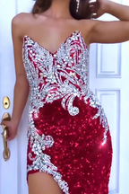 Modern Red Sleeveless Split Front Mermaid Prom Dress With Crystal