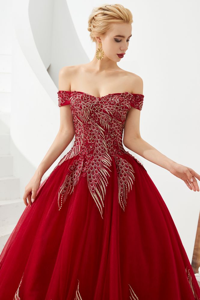Modern Sleeveless aline Ball Gown Gold Appliques Off the Shoulder Tulle Party Gowns