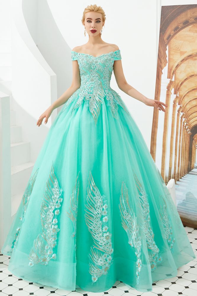 Modern Sleeveless aline Ball Gown Gold Appliques Off the Shoulder Tulle Party Gowns