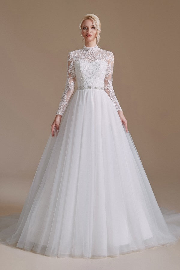 Vestidos de novia modestos largos de corte A con cuello alto, tul y encaje con mangas