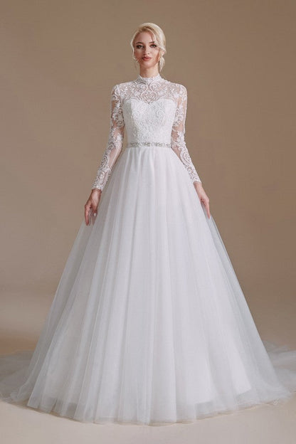 Modest Long A-line High Neck Tulle Lace Wedding Dresses with Sleeves