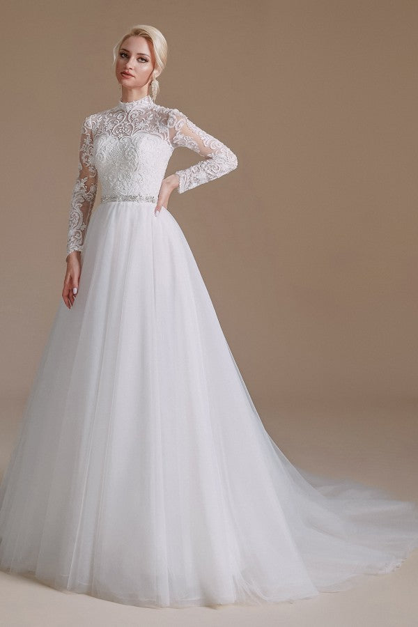 Modest Long A-line High Neck Tulle Lace Wedding Dresses with Sleeves