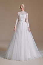 Vestidos de novia modestos largos de corte A con cuello alto, tul y encaje con mangas