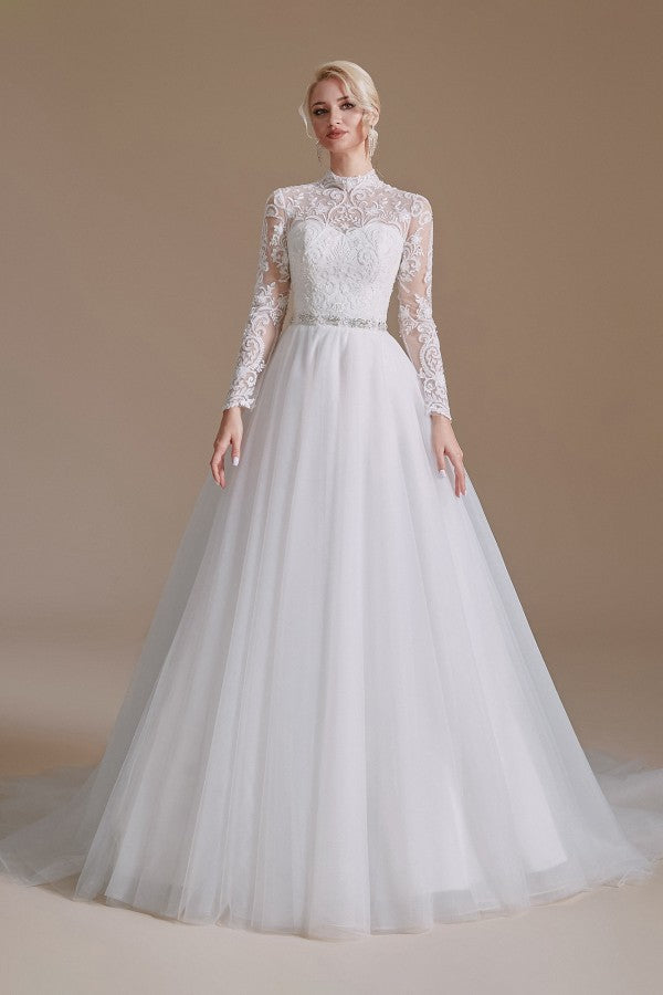 Vestidos de novia modestos largos de corte A con cuello alto, tul y encaje con mangas