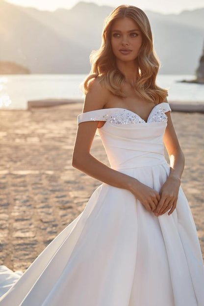 Modest Long A-line off the Shoulder Ruched Satin Wedding Dress with Crystals