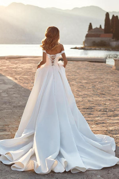 Modest Long A-line off the Shoulder Ruched Satin Wedding Dress with Crystals