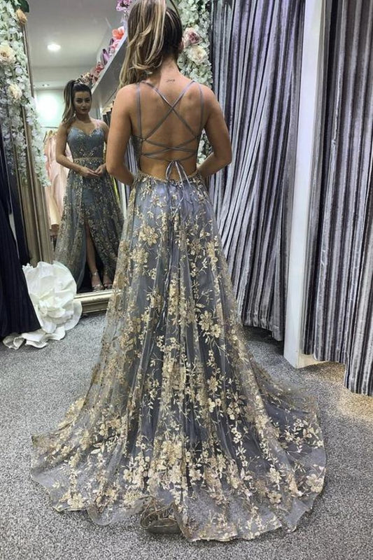 Schlichtes langes A-Linien-Ballkleid aus Tüll mit V-Ausschnitt, offenem Rücken und Schlitz