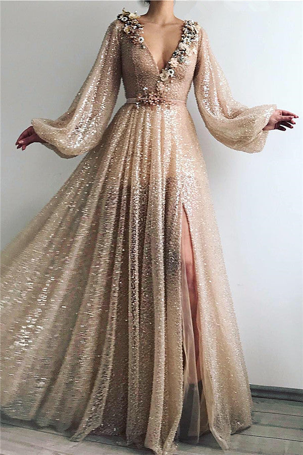 Modest Long A-line V-neck Sequined Prom Dress with Slit