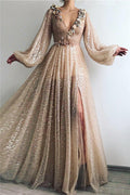 Modest Long A-line V-neck Sequined Prom Dress with Slit