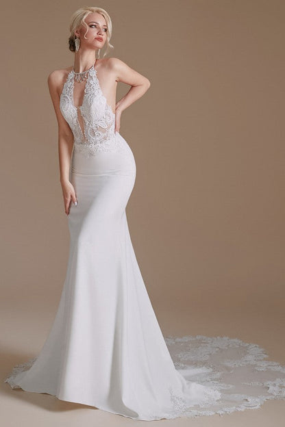 Modest Long Mermaid Halter Backless Satin Wedding Dresses with Appliques Lace