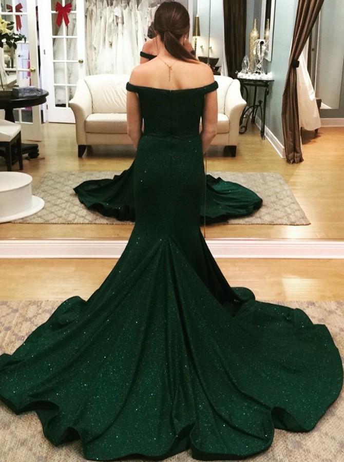 Schlichtes, langes, schulterfreies grünes Ballkleid im Meerjungfrauenstil