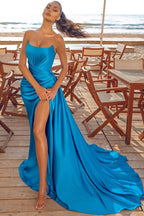 Vestido de fiesta formal de satén tipo sirena, modesto y largo, con abertura.