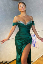 Modest Long Off the shoulder Satin Mermaid Prom Dress with Slit