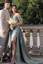 Vestido de fiesta de sirena de satén con hombros descubiertos y abertura, modesto y largo