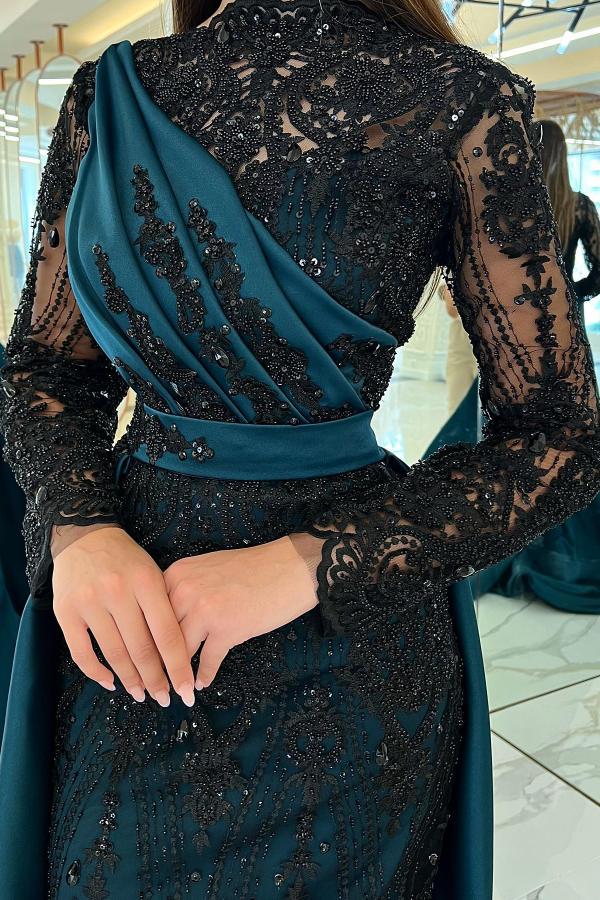 Modest Long Sleeves Mermaid Satin Prom Dress Black Sequins Evening Dresses